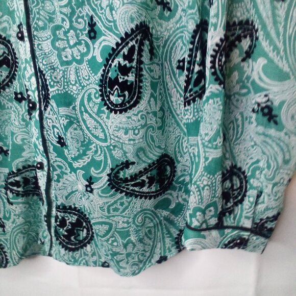 Bon Worth Blouse L Long Sleeve Button Up Simi Sheer Velvet Detail Green Black - Picture 7 of 14